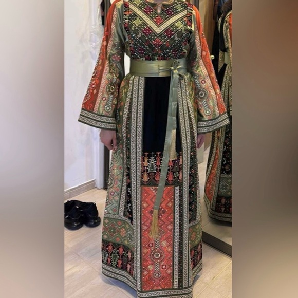 Elegant Multicolor Long Sleeve Dress luxury Palestinian Thobe - Picture 3 of 9